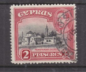 CYPRUS, 1944 KGVI perf. 12 1/2 x 13 1/2. 2pi. Black & Carmine, used.