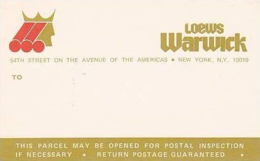 NEW YORK CITY LOEWS WARWICK HOTEL VINTAGE LUGGAGE LABEL