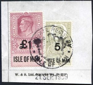 Isle of Man KGVI One Pound and 5/- Key Plate Type Revenues CDS on Piece