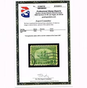 EXCELLENT GENUINE SCOTT #548 VF-XF USED 1920 PILGRIM GREEN PSE CERT #19857