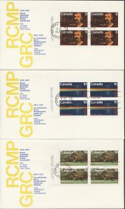 1973 #612-614 RCMP Set of 3 FDCs Plate Blocks Canada Post Cachets with Inserts