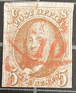 US Stamps - SC# 1 - Used  - 3 Wide Margins - Red CDS Cancel - SCV = $575.00