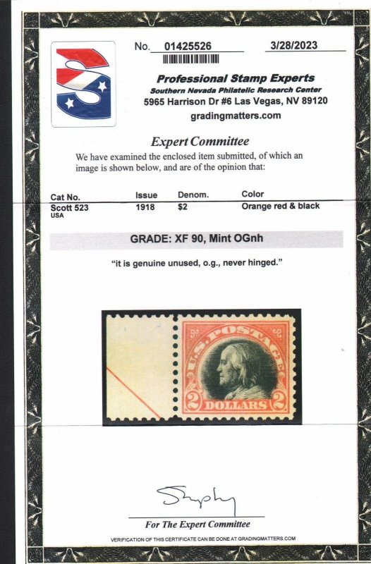 US SCOTT #523 MINT-XF-OG-NH GRADED 90 W/ PSE CERT SMQ $1,750 (5/10/23 GP) 