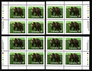 Canada id#13673-Sc#1178i-set of 4 plate blocks-76c Grizzly-Slater paper-NH-1989-