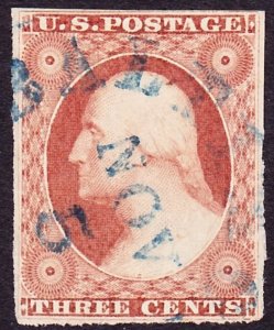 Scott 11, VF Used, 3c Imperforate, 4 Margins, Blue BALTIMORE, MD Cancel