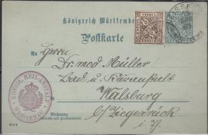 Wurtemberg - 13.04.1900 uprated 2pf postcard to Walsburg (1455)