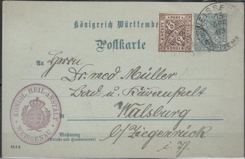 Wurtemberg - 13.04.1900 uprated 2pf postcard to Walsburg (1455)