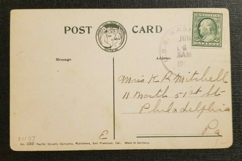 1909 Postcard Cover Alaska Yukon Canoe US Navy USS Washington to Philadelphia PA