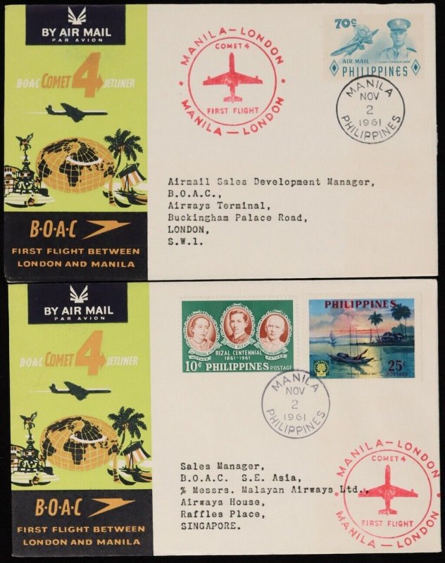 GREAT BRITAIN 1961 London - Manila First Flight Cover return + intermediates (7)