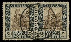 Italian Colonies, Libya #54, 1924 30c black and black brown, horizontal pair,...