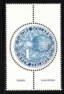 New Zealand 1993 MNH Scott #1161 $1 Kiwi, blue round with selvedge