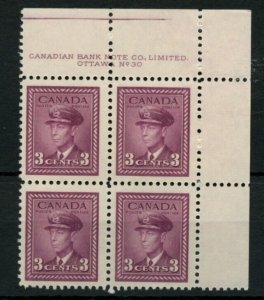 ?#252 War issue Plate block #30 UR VF MNH Cat $7.50 Canada mint
