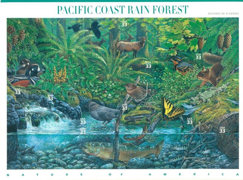 US 2000 Nature of America Pacific Rain Forest Sheet; 33 Cents, MNH Sc 3378