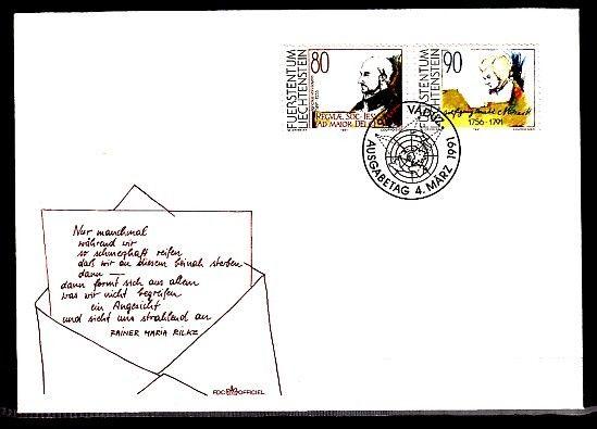 Liechtenstein, Scott cat. 957-958. Mozart & Jesuit on a First day cover. ^