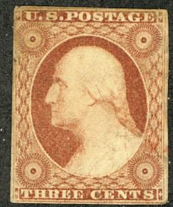 US #11 SCV $350. 3c Washington Imperf, VF/XF mint hinged, nicely centered, Fr...