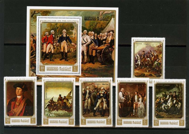 MANAMA 1972 PAINTINGS/AMERICAN HISTORY SET OF 6 STAMPS & S/S PERF. MNH 