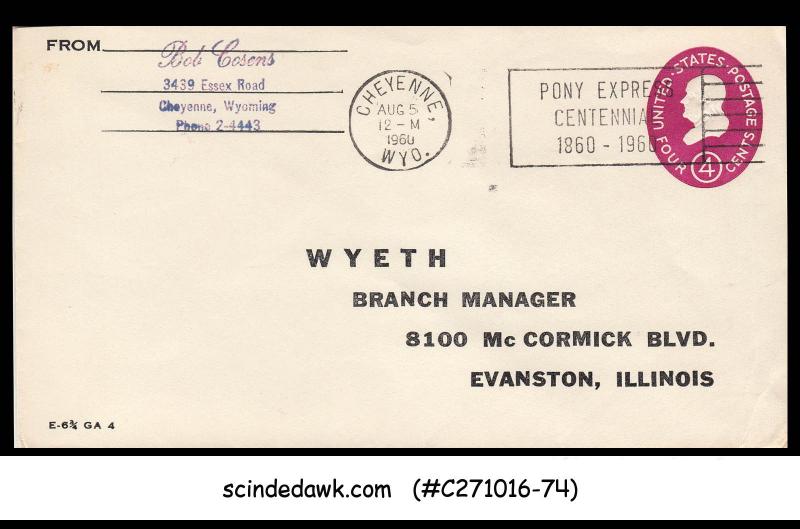 UNITED STATES USA 1960 4c ENVELOPE WITH CANCELLATION OF PONY EXPRESS CENTENNIAL