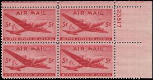 US #C32 5¢ SKYMASTER MNH UR PLATE BLOCK #23517 DURLAND .75¢