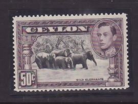 Ceylon-Sc#286a- id9-unused og LH KGVI 50c Elephants-perf 14-1942-