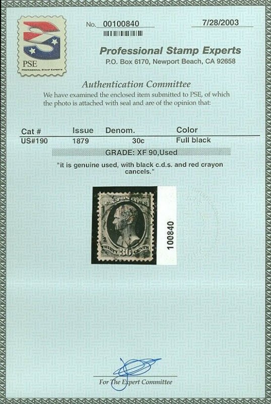 US SCOTT #190, Used-XF PSE Graded 90 Certificate, SMQ $375, A Beauty! garyposner