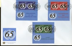 UNITED NATIONS WFUNA 2010 65th ANNIVERSARY  NY VIENNA & GENEVA SOUVENIR SHT FDC