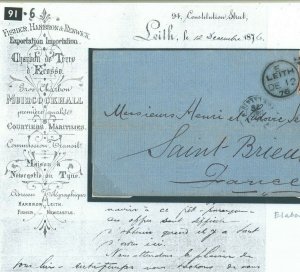 GB SCOTLAND SG.141 Cover Fancy LEITH *COAL* Shipping Letterhead 1876 France 91.6 