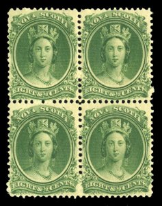 Nova Scotia #11 Cat$70+, 1860 8 1/2c green, block of four, top stamps hinged,...