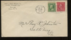 383 Schermack & 492 Coil Stamps on 1933 1st Day of 3 Cent Rate Cover LV5703