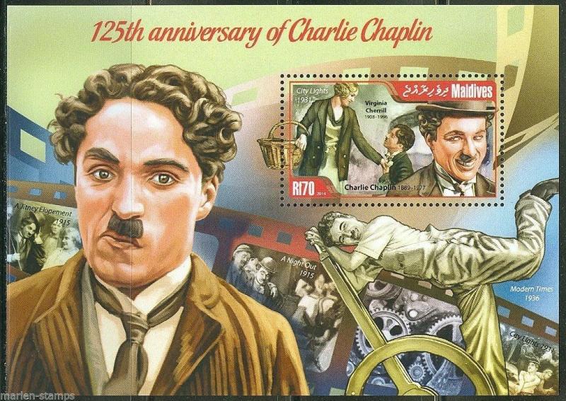 MALDIVE  ISLANDS 2014 125th BIRTH  ANNIVERSARY OF  CHARLIE CHAPLIN S/S  MINT NH