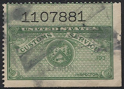 US Customs Service Inspection stamp, Scott unlisted, Ser. #1107881, Used F-VF