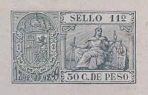 Spain (Cuba) Revenue Stamp 50c Blue MLH 1898 Forbin #116