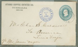 Costa Rica  1906 5c blue envelope; used from Turrialba, two different cancels.