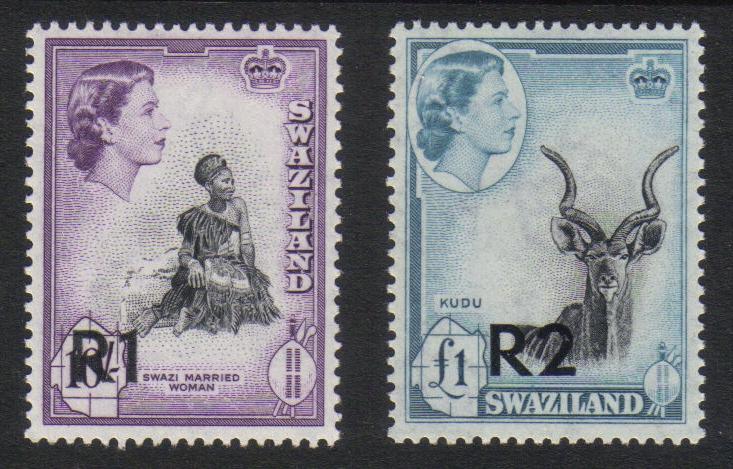 Swaziland #78 & 9 mint, overprinted 1 & 2 Rand 