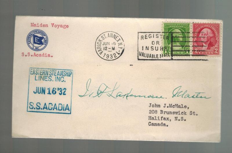 1932 USA Cover Maiden Voyage SS Acadia Ship PAqueboat to CAnada