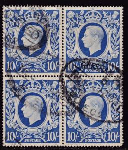 Great Britain 1939 King George VI.. 10/- Used Block of Four  Well Centered F/VF