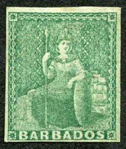 BARBADOS SG8 1855 1/2d Green on White Paper Four Margins M/Mint Cat 190