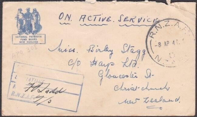 NEW ZEALAND FORCES IN PAPUA 1944 cover RNZAF / D / NZAPO cds................X463