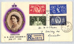 GB QEII CORONATION FDC 1953 Leicester ROYALTY Set Registered{samwells}XE49