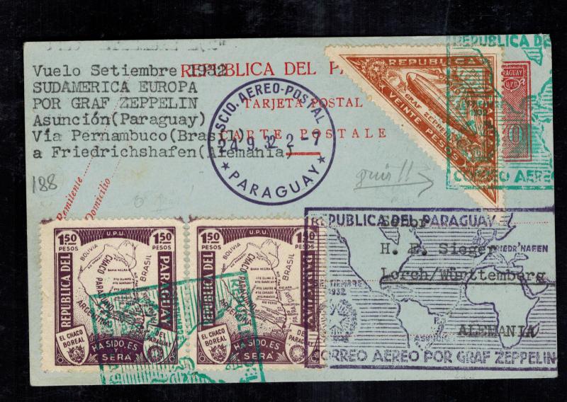 1932 Paraguay Graf Zeppelin Postcard Cover to Herman Sieger Lorch Germany LZ 127