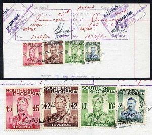 Southern Rhodesia SG52 5/- plus 10/- 2 pounds and 5 pounds Revenues on piece