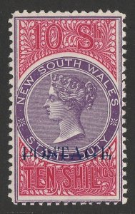 NEW SOUTH WALES 1894 POSTAGE blue on QV 10/- violet & rosine Stamp Duty.