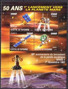 Ivory Coast 2012 Space Mars Explorers Probe Mars -1 Sheet MNH
