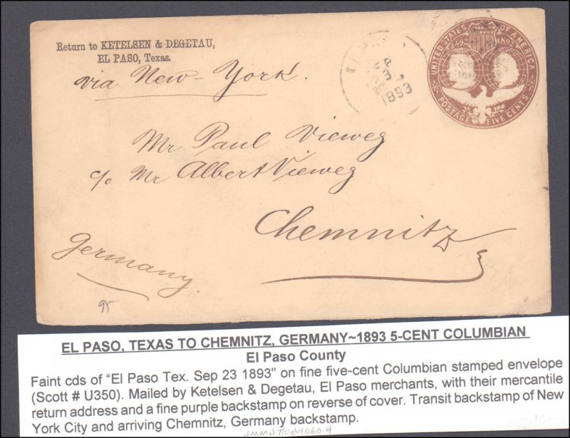 El Paso County El Paso to Germany ( Postal History ), 1893