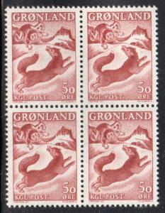 Greenland Sc 42 1966 50 ore boy & fox stamp block of 4 mint NH