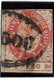 COLOMBIA 1865 COAT OF ARMS SCOTT 42 MICHEL 32a USED 1 PESO VERMILION  VF