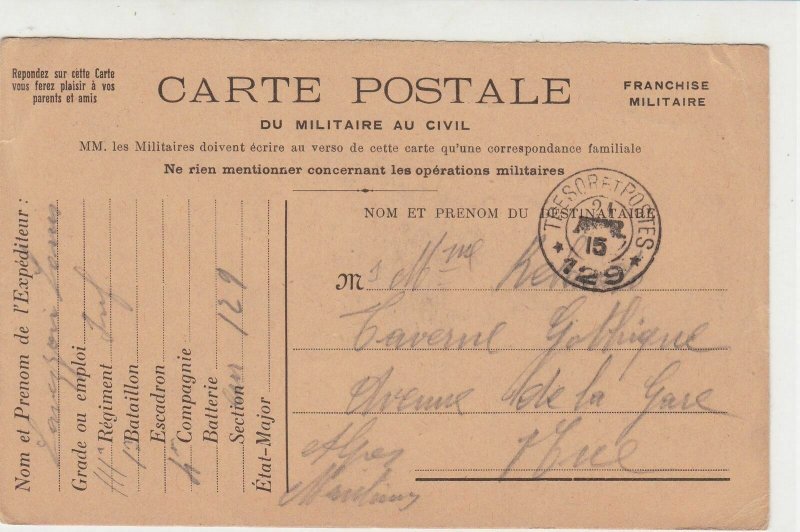 French Republic 1915 WW1 Tresor et Poste no 129 Post Card  Ref 31464