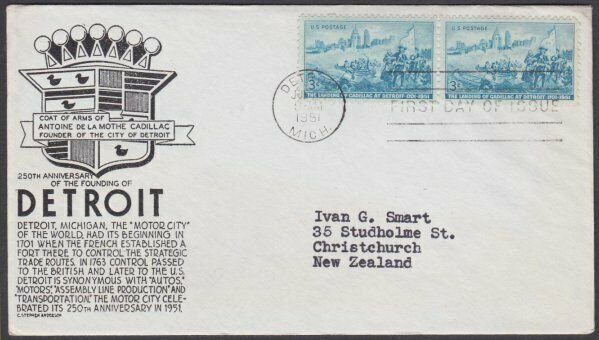 USA 1951 DETROIT - C Stephen Anderson FDC to New Zealand....................M466