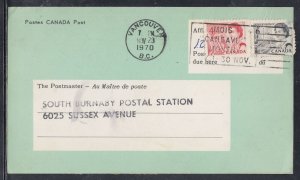 Canada - Nov 1970 $0.10  Vancouver, BC Shortpaid Mail Card