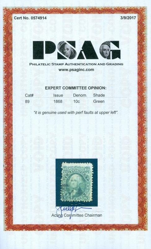 EDW1949SELL : USA 1868 Scott #89 Used. Perf faults upper left PSAG Cert Cat $350