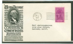 US 854 1939 3c Washington's First Inauguration (single) on an addressed first day cover with an Anderson cachet.